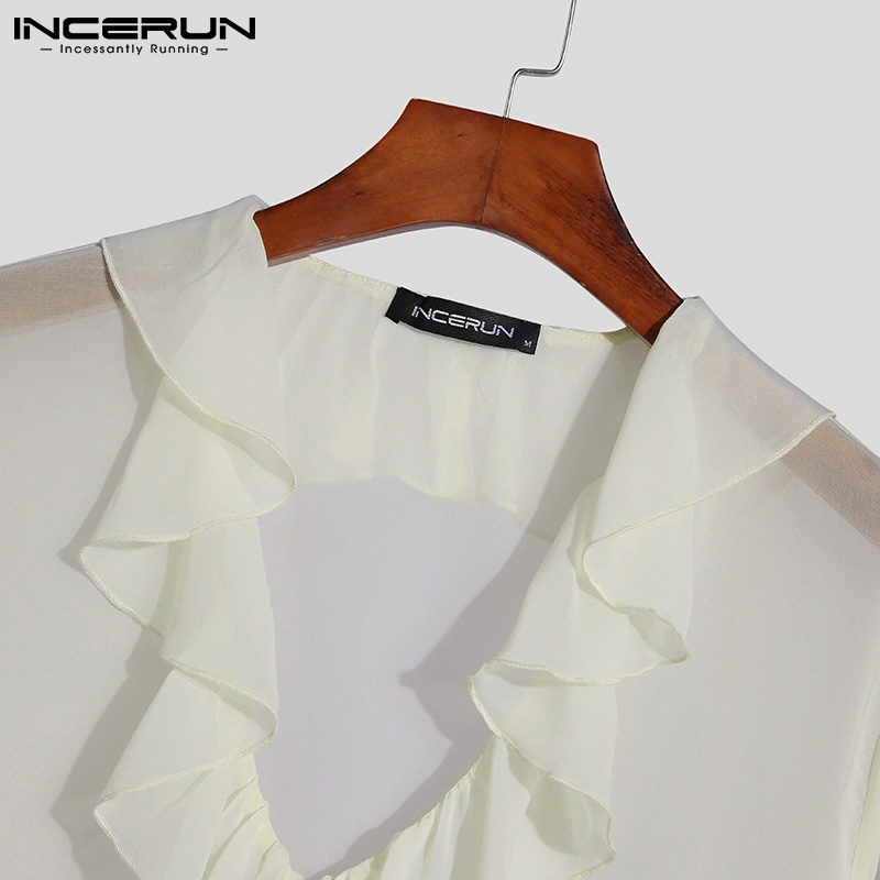 INCERUN Nam thời trang quý phái nhìn xuyên qua áo sơ mi dài tay có cổ chữ V xù