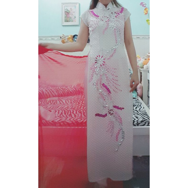 Thanh lý bộ áo dài ren voan ket hoa eo &lt;70cm