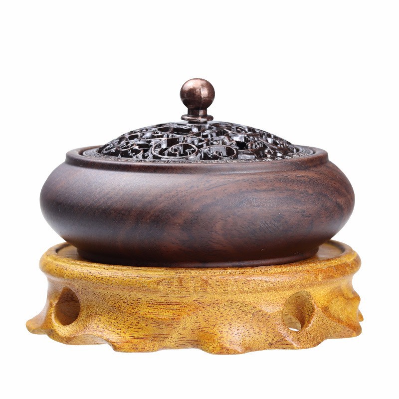 Lư đốt trầm hương LDT04 hình tròn 10.5x5.5cm nhang nụ, nhang vòng bằng gỗ mun chống cháy