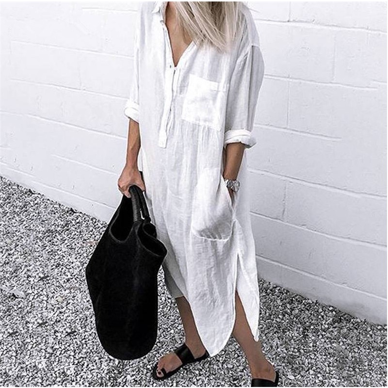 【Livendersize】Áo Vải Lanh Cotton Cho Nữ &#Đầm Sơ Mi Trắng Dáng Dài Thời Trang Xuân Hè 2022 Cho Nữ 39;s