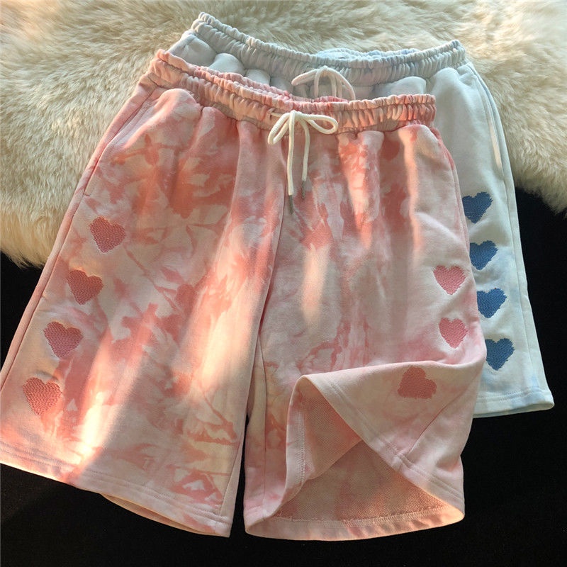 Summer new design sense tie-dye couple casual five-point pants for men and women loose wild love embroidery sports shorts