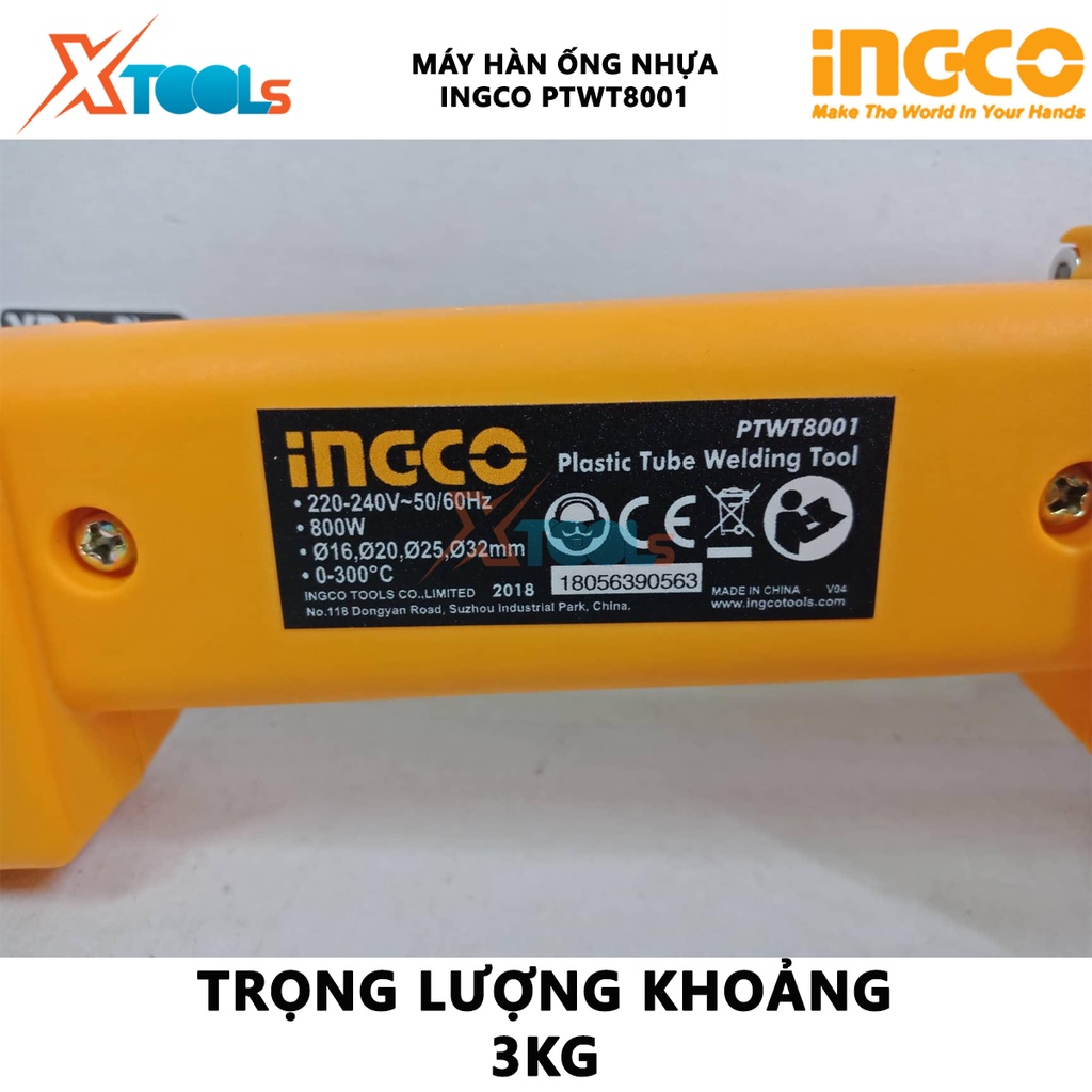 Máy hàn ống nhựa INGCO PTWT8001 | Máy hàn nhiệt 800 W, bộ ổ cắm nhiệt 16, 20, 25, 32mm, Điều chỉnh nhiệt 0-300°C hàn ống