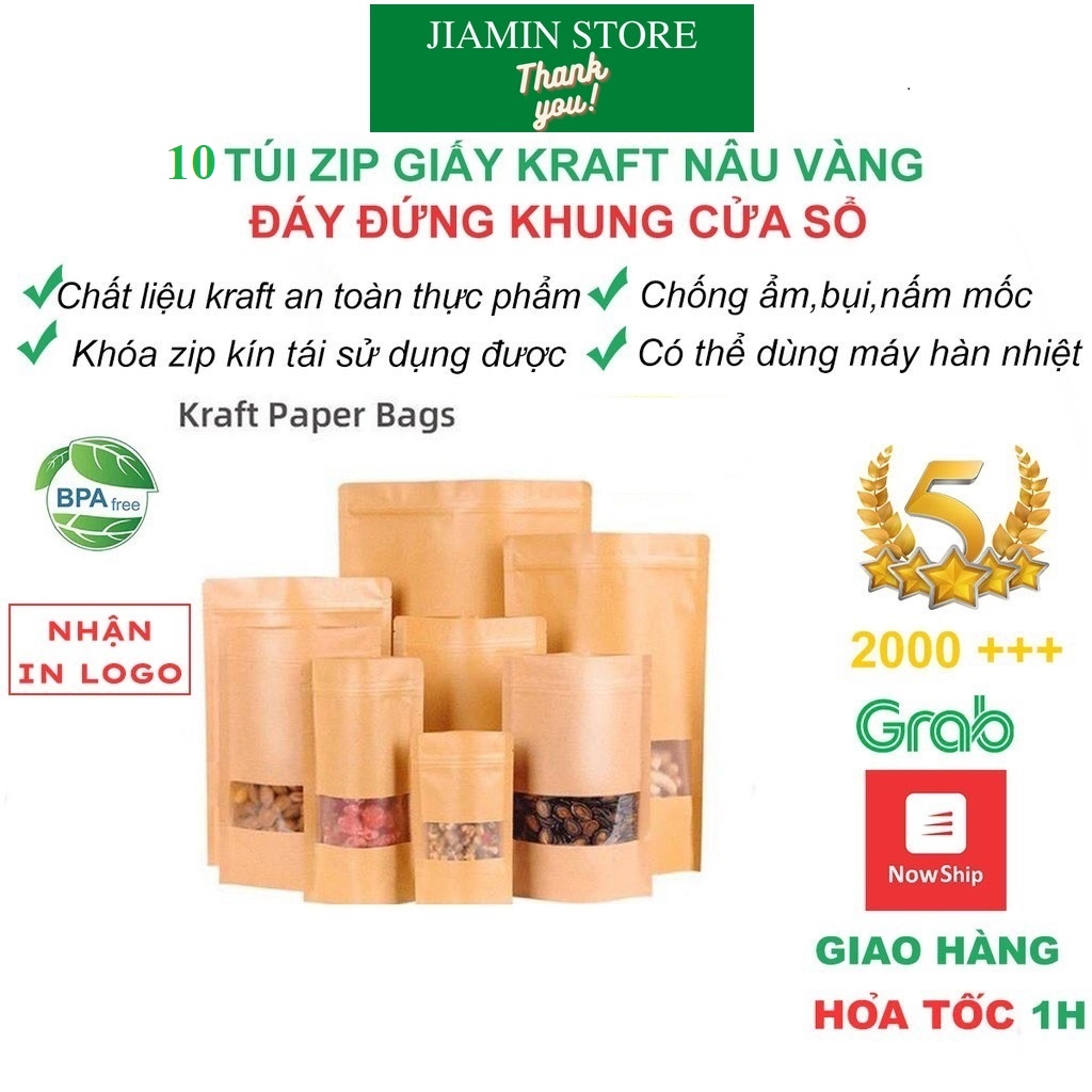 Combo 10 chiếc túi Zipper giấy Kraft đủ size, túi zip chống nước bảo quản thực phẩm đồ ăn