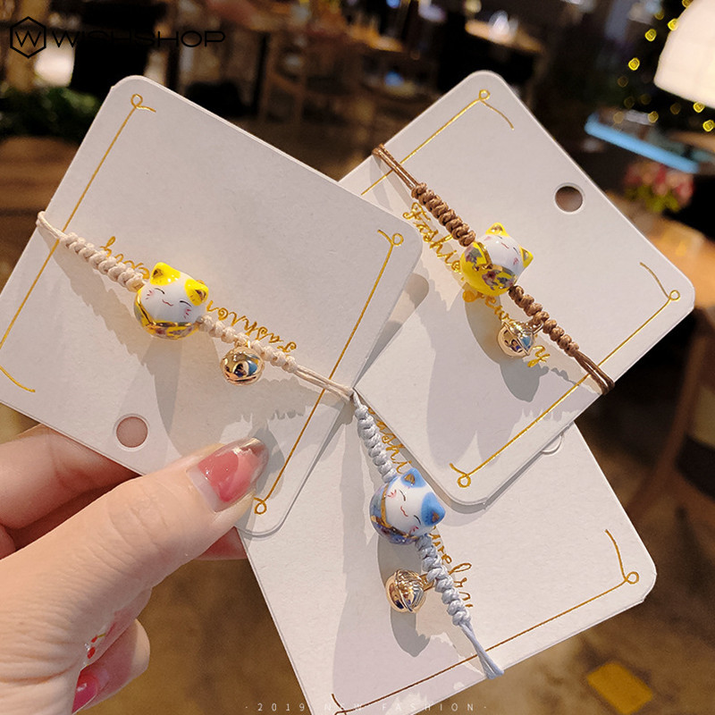 Vòng Tay Mặt Hình Mèo May Mắn Bằng Gốm Sứ Màu Sắc Ngọt Ngào Có Thể Điều Chỉnh Được Dành Cho Cặp Đôi