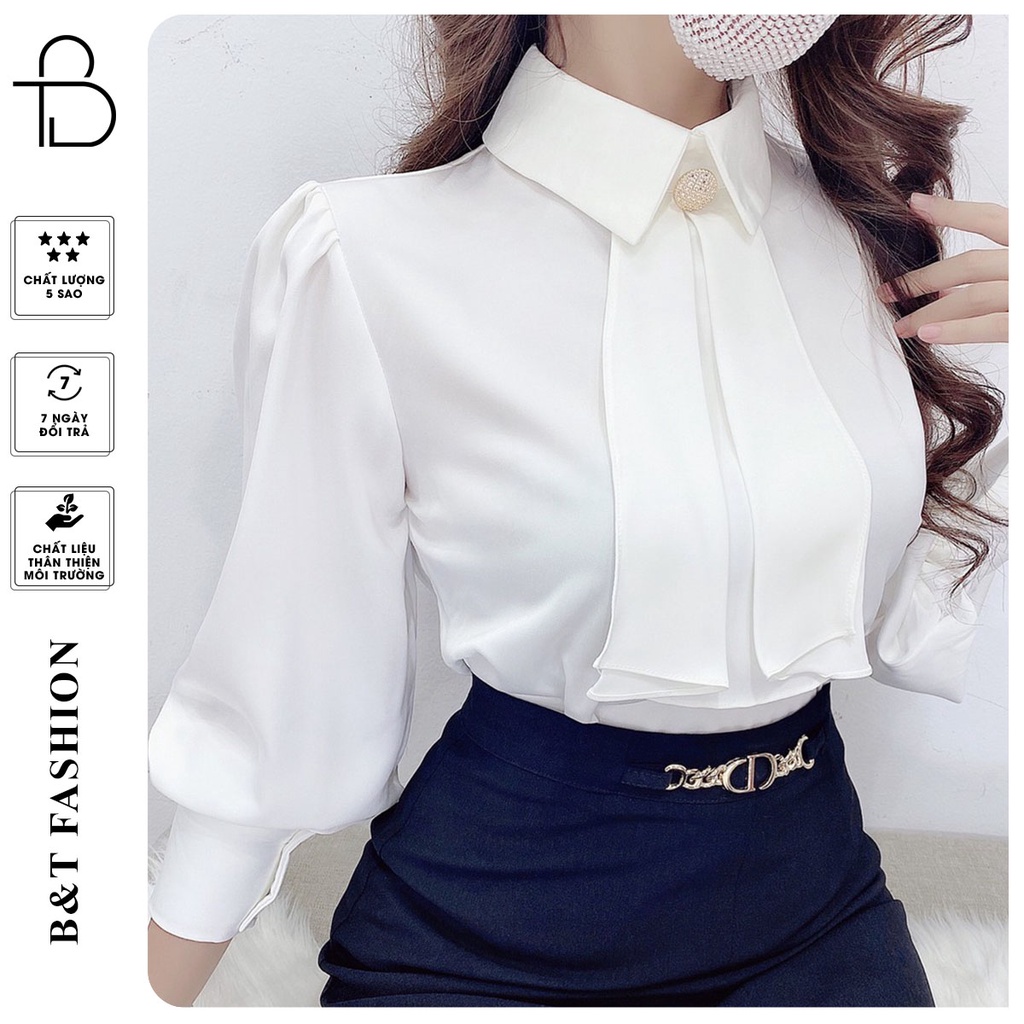 Áo Sơ Mi Nữ Dài Tay Công Sở Chất Liệu Lụa Cổ Đức Bèo Yếm Đính Khuy B&T Fashion A129