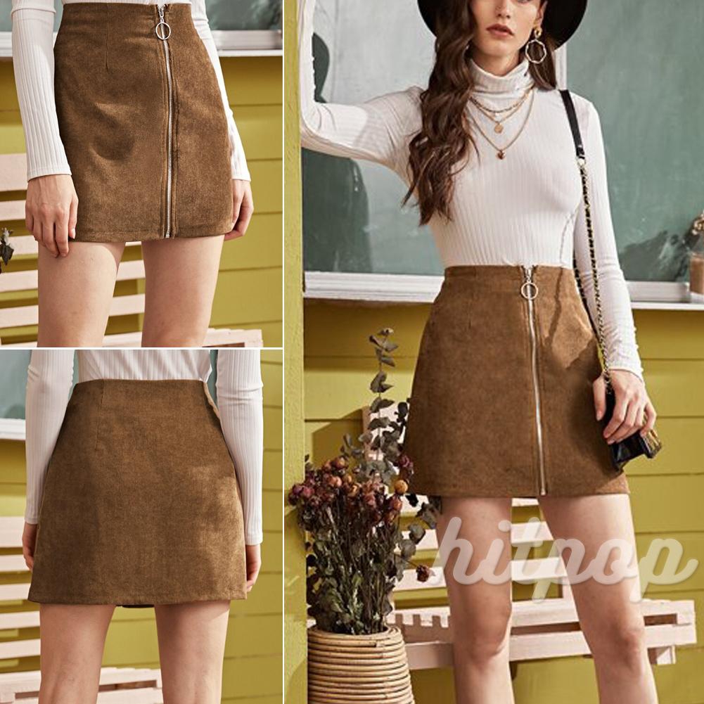 Chân váy ngắn chữ A giả da phối khóa kéo tròn lưng cao cho nữ
