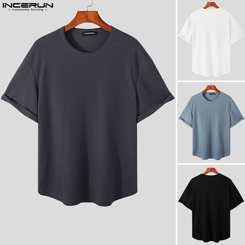 INCERUN Áo Thun Nam Ngắn Tay Cổ Tròn Màu Sắc Đơn Giản