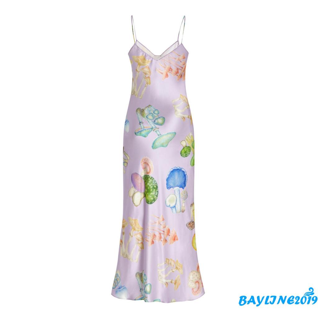 Bay-Women´s Summer Midi Dress, Sleeveless Spaghetti Strap V Neck Mushroom Print Long Dress
