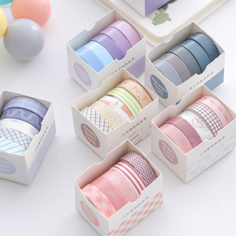 Hộp washi tape 5 cuộn màu cơ bản trơn dễ thương trang trí, bullet journal