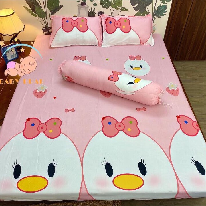 Bộ drap nệm 1m6/1m8 💖LINHALMONDS 💖1 ra nệm poly + 2 vỏ gối nằm 45 x 65 cm mẫu vịt hồng (Ảnh thật)