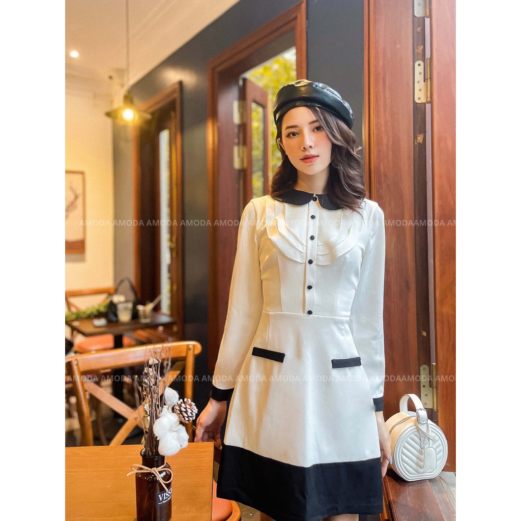 Váy Đầm nữ thiết kế cao cấp tiểu thư trắng phối đen siêu xinh AMODA VD005