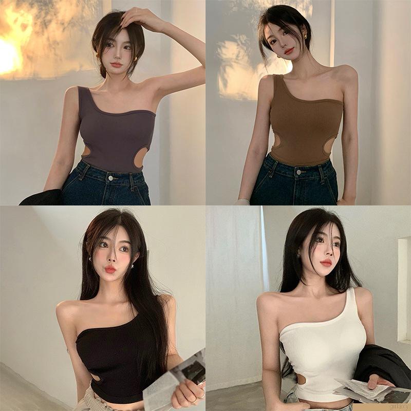 Áo kiểu croptop không tay màu trơn có đệm ngực thiết kế bất đối xứng quyến rũ độc đáo dành cho nữ