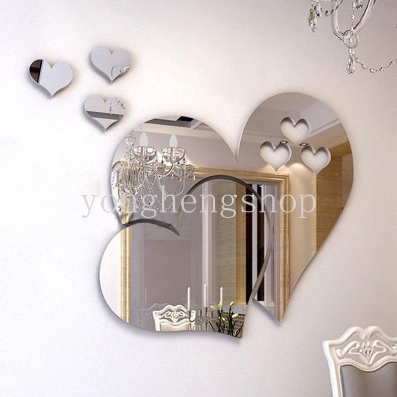 Bộ 5 Miếng Dán Tường Tráng Gương Hình Trái Tim 3D Bằng Acrylic Trang Trí Nhà Cửa DIY