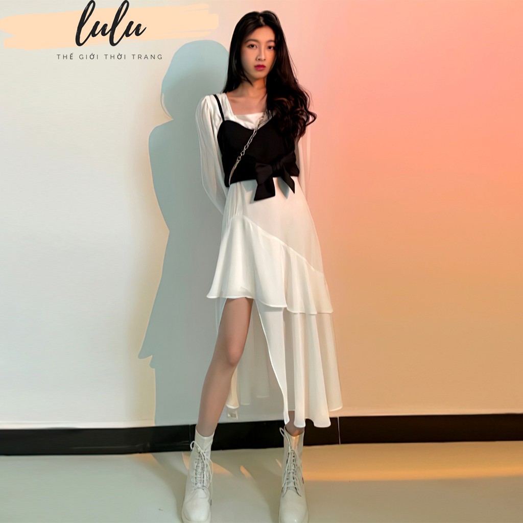 [Hàng Cao Cấp Loại 1] Set Váy Trắng Cổ Vuông Và Yếm Đen Xẻ Chân Có Tầng Chất Liệu Đũi Mát | BigBuy360 - bigbuy360.vn