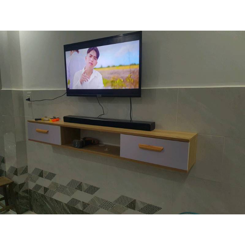 Kệ tivi treo tường phòng khách/ngủ tiết kiệm diện tích 2 ngăn kéo vân gỗ sồi phong cách the nordic - GP110