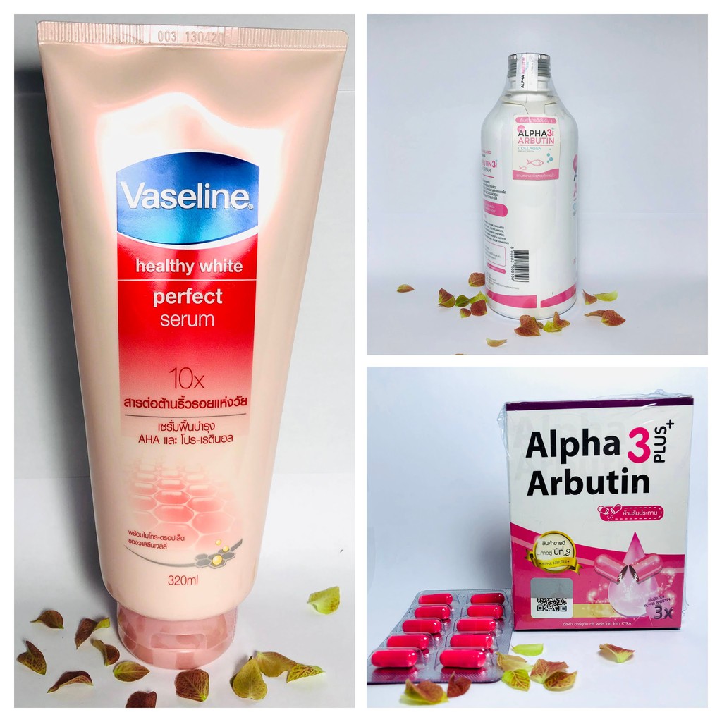 Bộ 3 sản phẩm Kem dưỡng trắng da Vaseline 320ml + Arbutin vĩ 10 viên + Alpha Arbutin 3 Plus Collagen Bath Cream 450ml