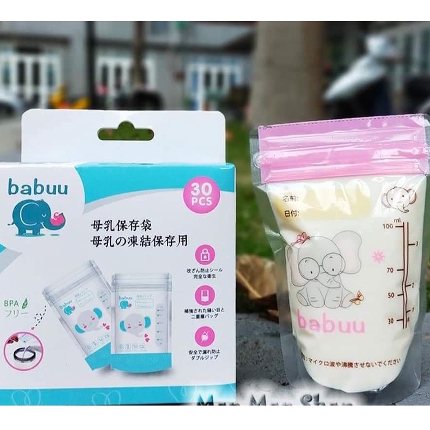 ( hộp 30 túi ) Túi trữ sữa 100ml 2 khóa zip in hình Babuu
