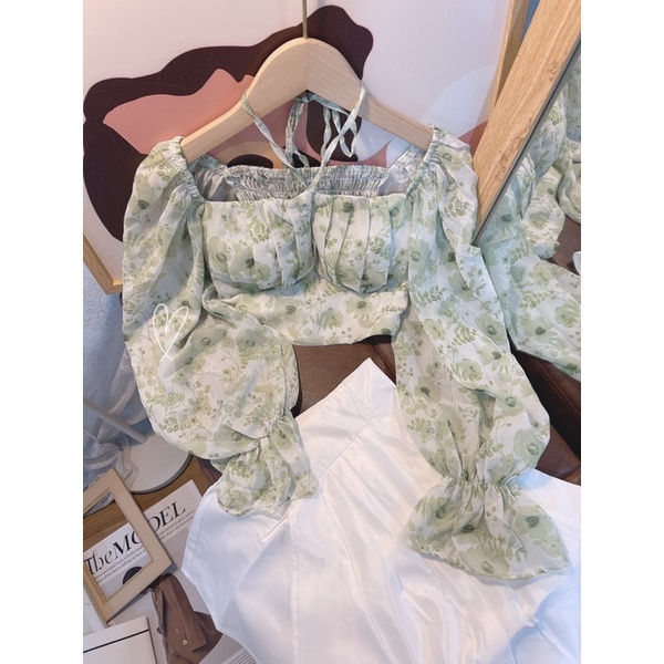 SET ÁO HOA XẾP NGỰC CHÉO DÂY CỔ + CHÂN VÁY ĐẮP TÀ TRẮNG