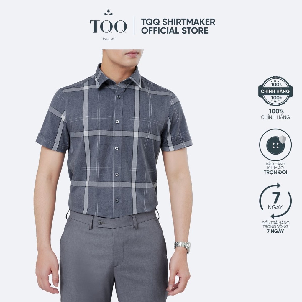 Áo sơ mi nam cao cấp ngắn tay TQQ dáng Slim fit công sở ôm nhẹ K455CSC phối kẻ lịch thiệp và hiện đại