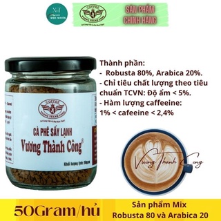 Cà phê hòa tan nguyên chất 100%- hủ 50Gram 80x20-Thương hiệu cafe Vương Thành Công, không đường, sữa, hòa tan.