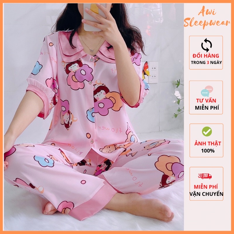 Bộ Pyjama Tay Ngắn Quần Dài Nhiều Mẫu Lụa Mango Sam Luxury - Awi Sleepwear