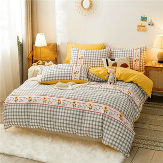 Cotton Poly Bộ Chăn Ga Gối Caro Hồng Nhạt Ga Vàng