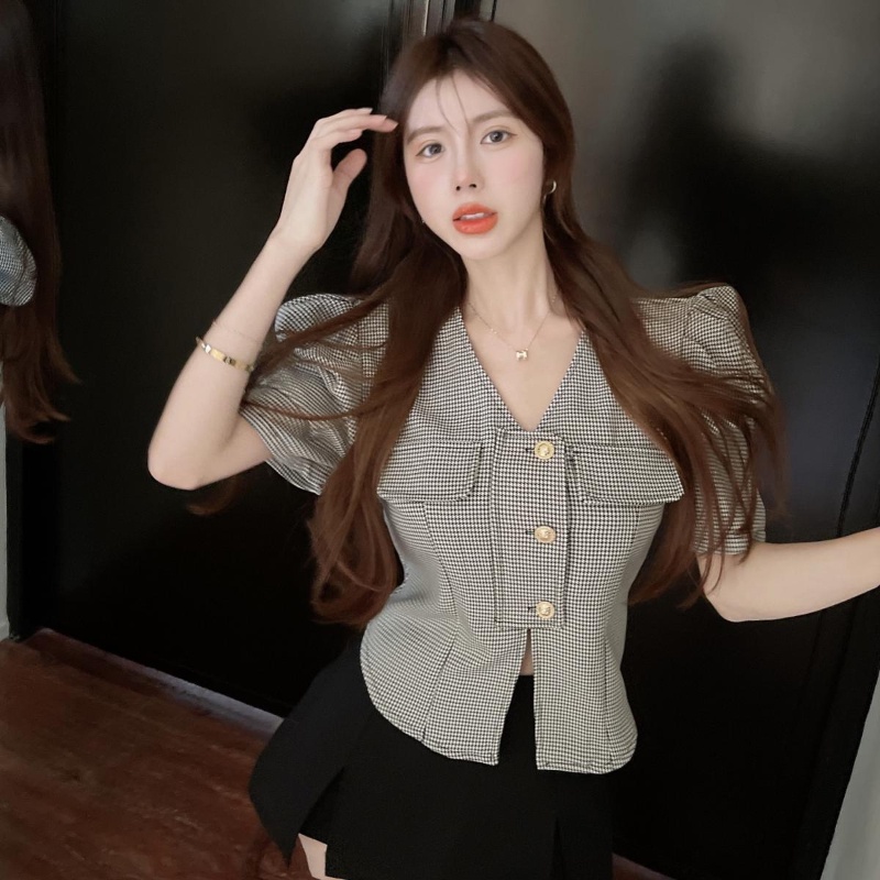 COZOKC Áo Sơ Mi Tay Bồng Dáng Ôm Hoa Văn Kẻ Ô Dễ Phối Đồ Thời Trang