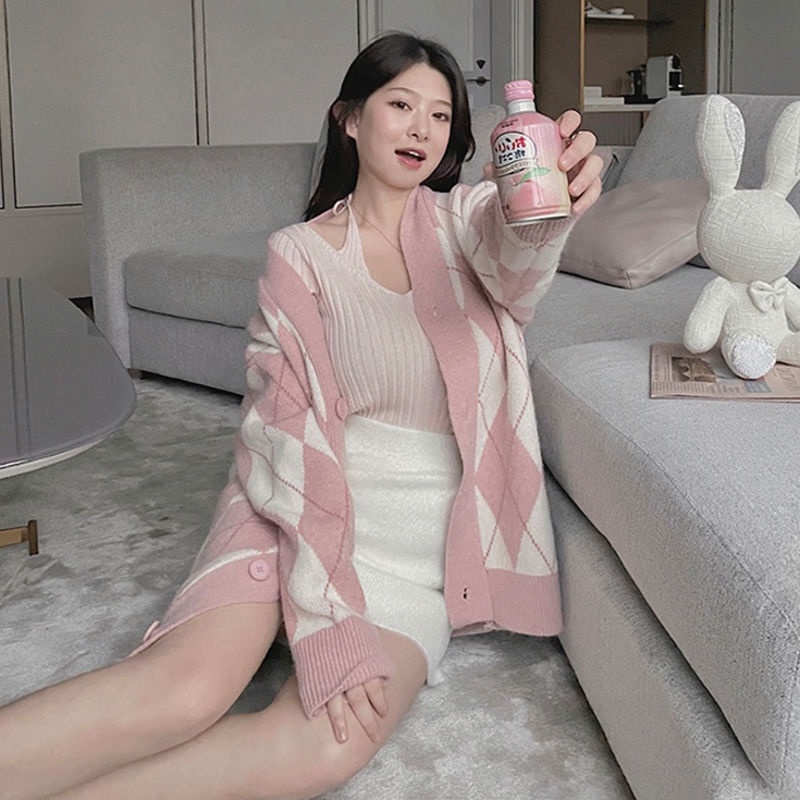 Áokhoác cardigan dệt kim dáng rộng kẻ sọc đính đá phong cách retro