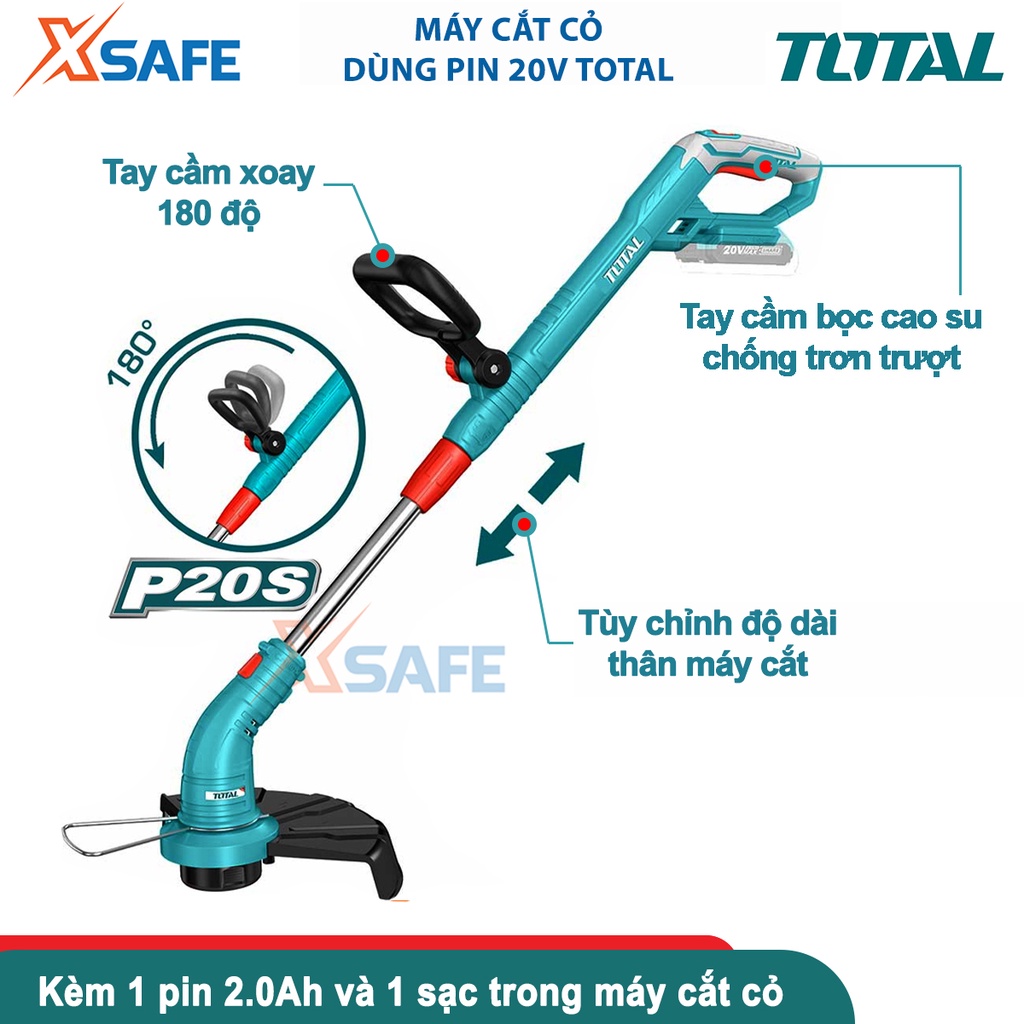 Máy cắt cỏ dùng pin Lithium-Ion 20V TOTAL TGTLI20301 (kèm pin và sạc), dây cước 1,6mm xoắn, chiều dài dây cước: 5m-XSAFE