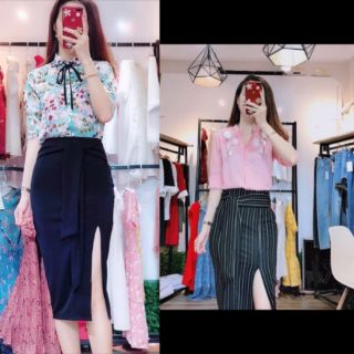 Chân váy bút chì dài xẻ trước+ vạt liền thắt nơ .