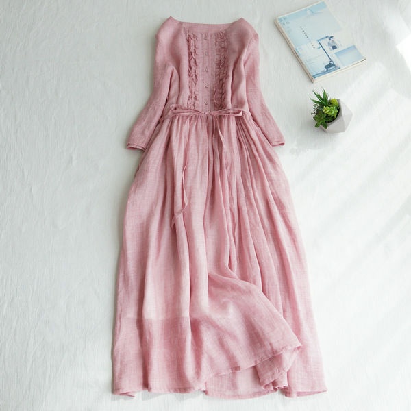 Đầm Cotton Lanh Cao Cấp Thắt Dây Eo Phong Cách Nhật Bản Thời Trang Mùa Hè Cho Nữ