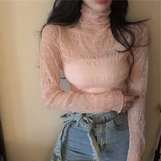 Áo Nữ Tay Dài Phối Lưới Xuyên Thấu