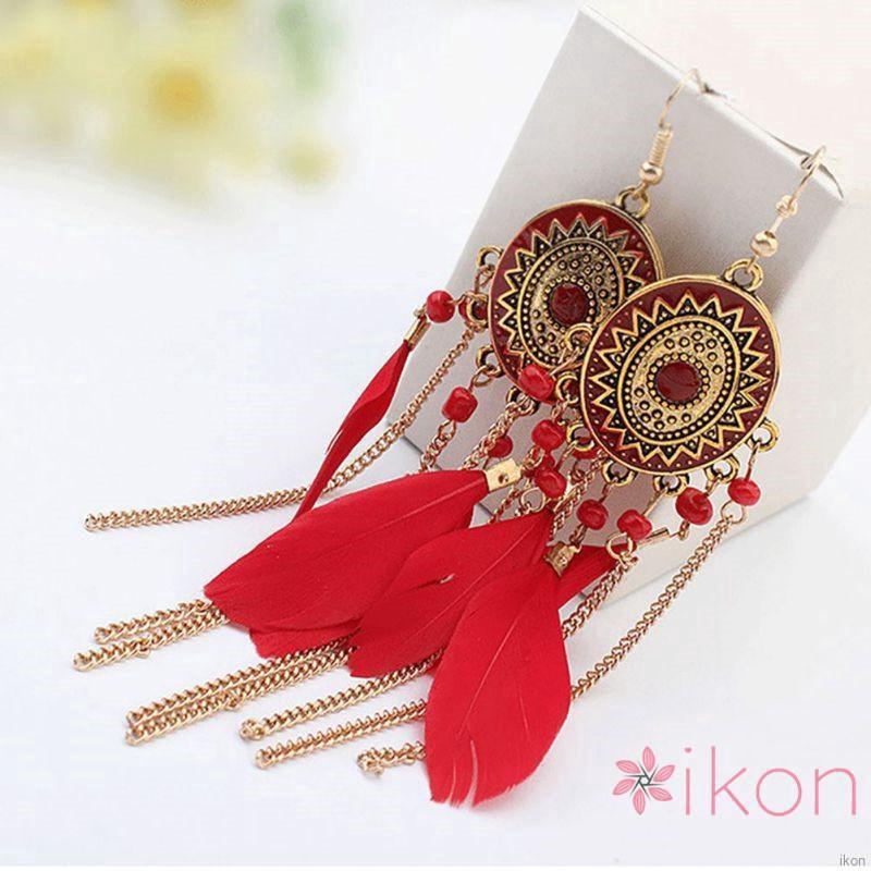 Women Vintage Ethnic Style Fringed Feather Tassel Earrings Bohemian Jewelry