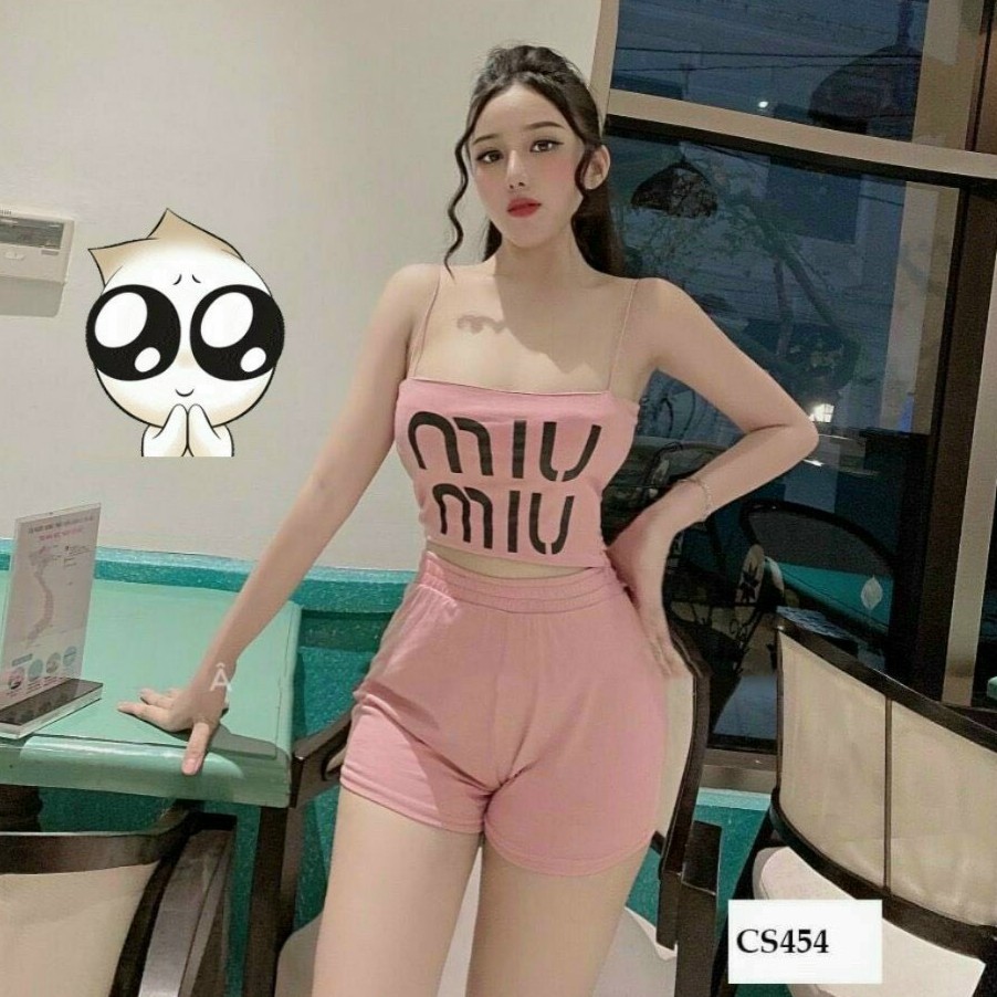 Sét áo hai dây in chữ phối quần đùi trơn cực xinh , chất thun bozip mềm mịn