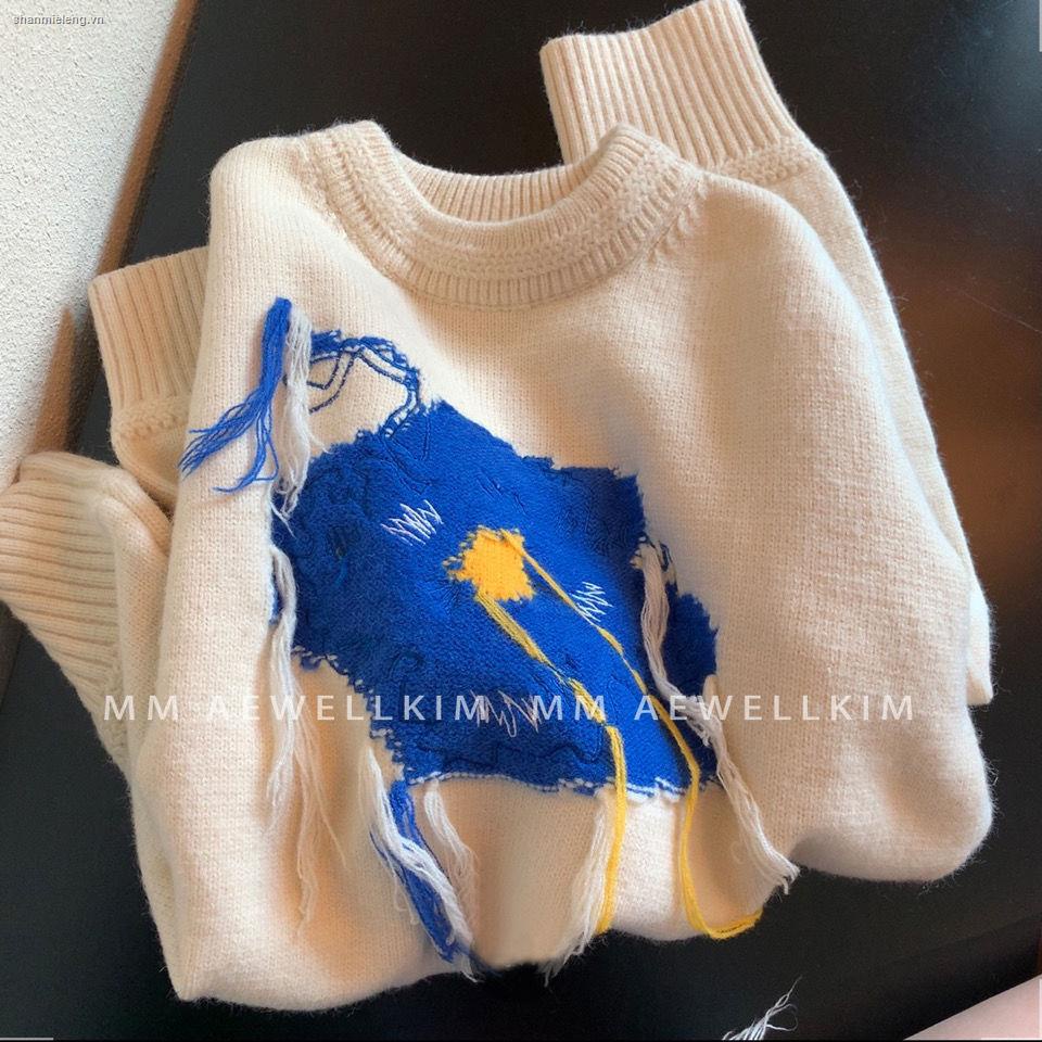 Áo sweater dáng rộng in họa tiết hoa graffiti màu xanh dương thời trang thu đông Hàn Quốc cho nữ