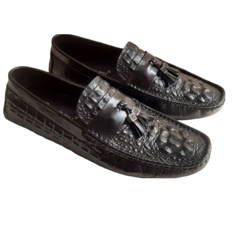 (FEERSHIP)Giày mọi vân cá sấu.giày lười da bò cao cấp.mã 0126 màu đen
