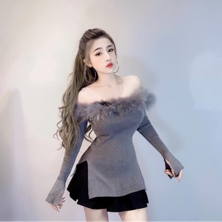 🌸🌸🌸Áo tay dài xẻ tà cổ lông 🌸🌸🌸