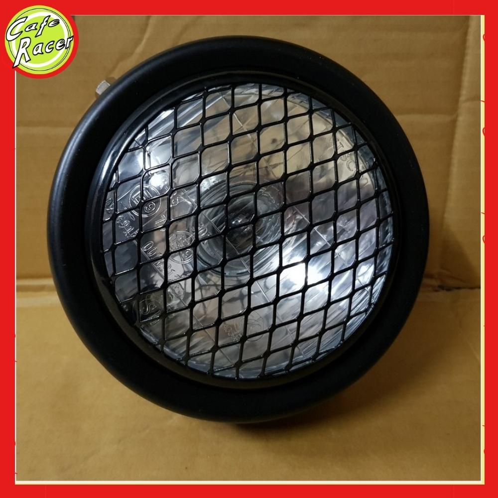 Đèn pha xe máy độ 6,5 icnh cho dòng xe classic gáo sắt sơn đen mặt kính thủy tinh sẵn lưới mắt cáo