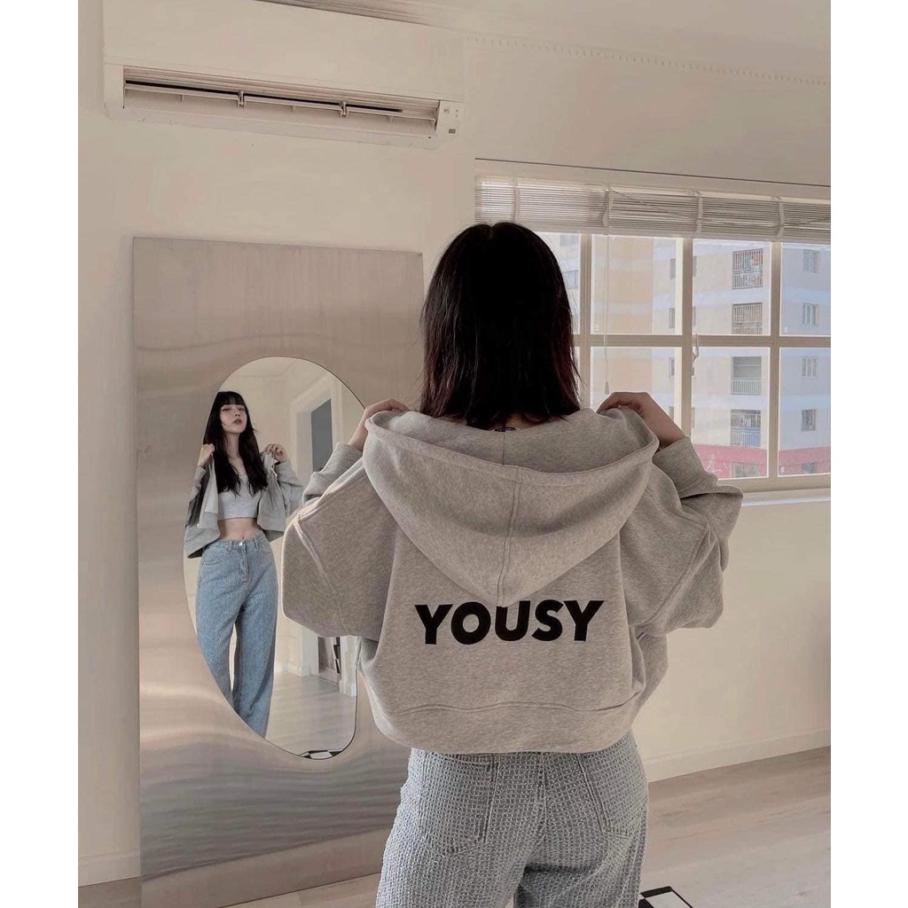 Áo Hodie nỉ Bông Dáng Crtop Màu Xám In chữ Yousy