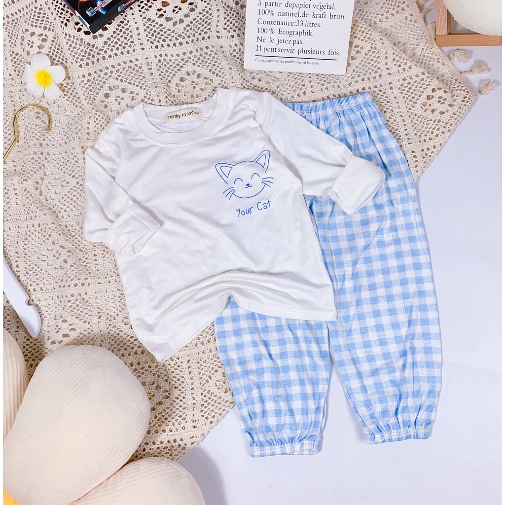 [ Bé 7-19kg] Bộ Dài Tay Thun Lạnh Áo Trắng Quần caro alibaba- Hàng Chuẩn Loại 1 MINKY MOM bé gái từ 7-19kg