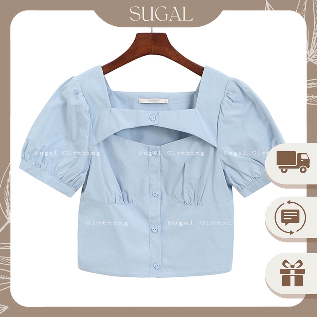 Áo Sơ Mi Nữ Tay Phồng Mùa Hè Phối Cổ Vuông Khoét Ngực Phong Cách Trẻ Trung Thời Trang Sugal SO MI NU 015