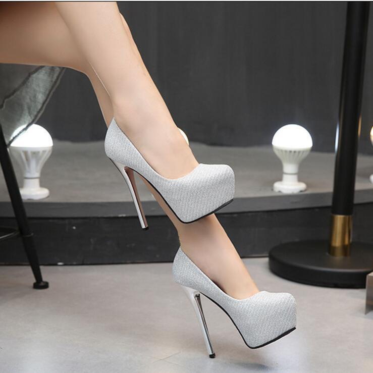 Giày Cao Gót Mũi Tròn Đính Kim Sa Bạc 14cm Chống Thấm Nước Có size Lớn 42