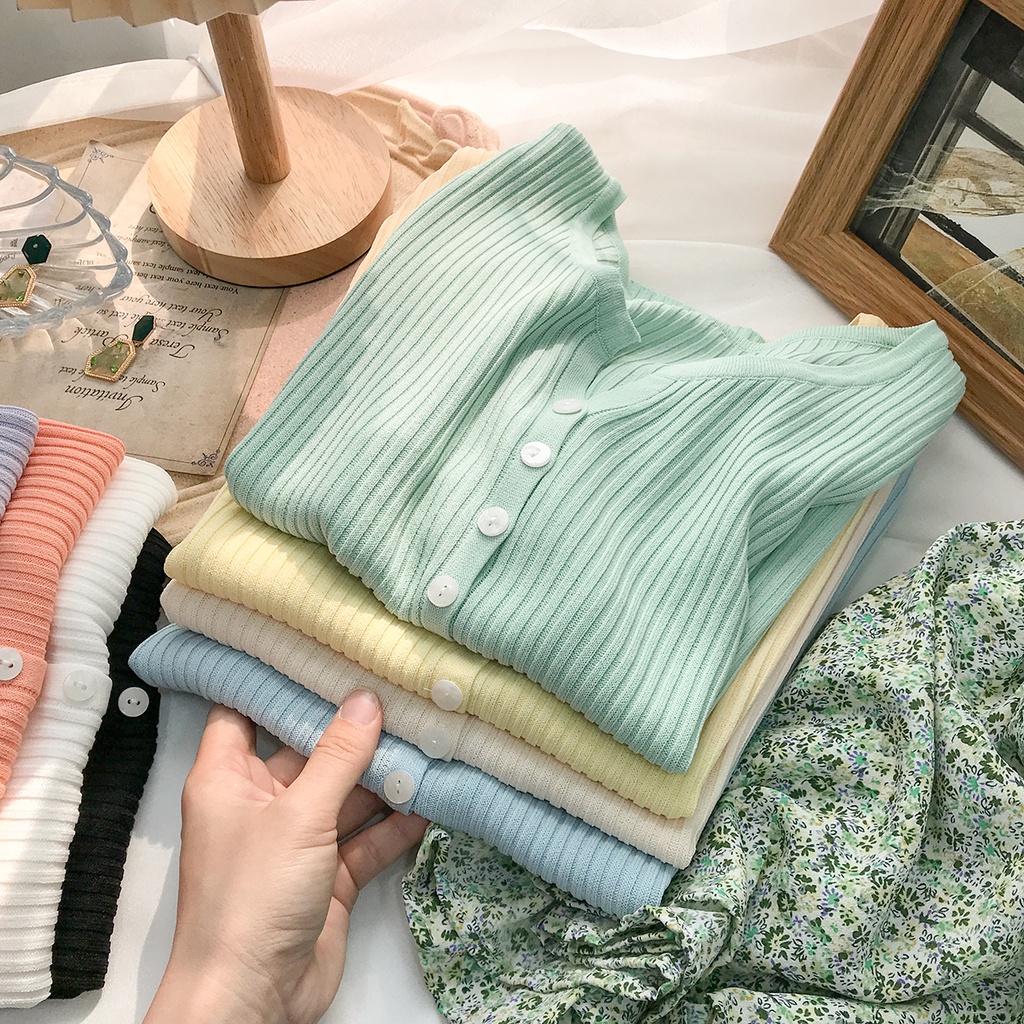 Áo Cardigan Dệt Kim Tay Ngắn Cổ Chữ V Phong Cách Hàn Quốc Thời Trang Mùa Hè Dễ Phối Đồ Cho Nữ