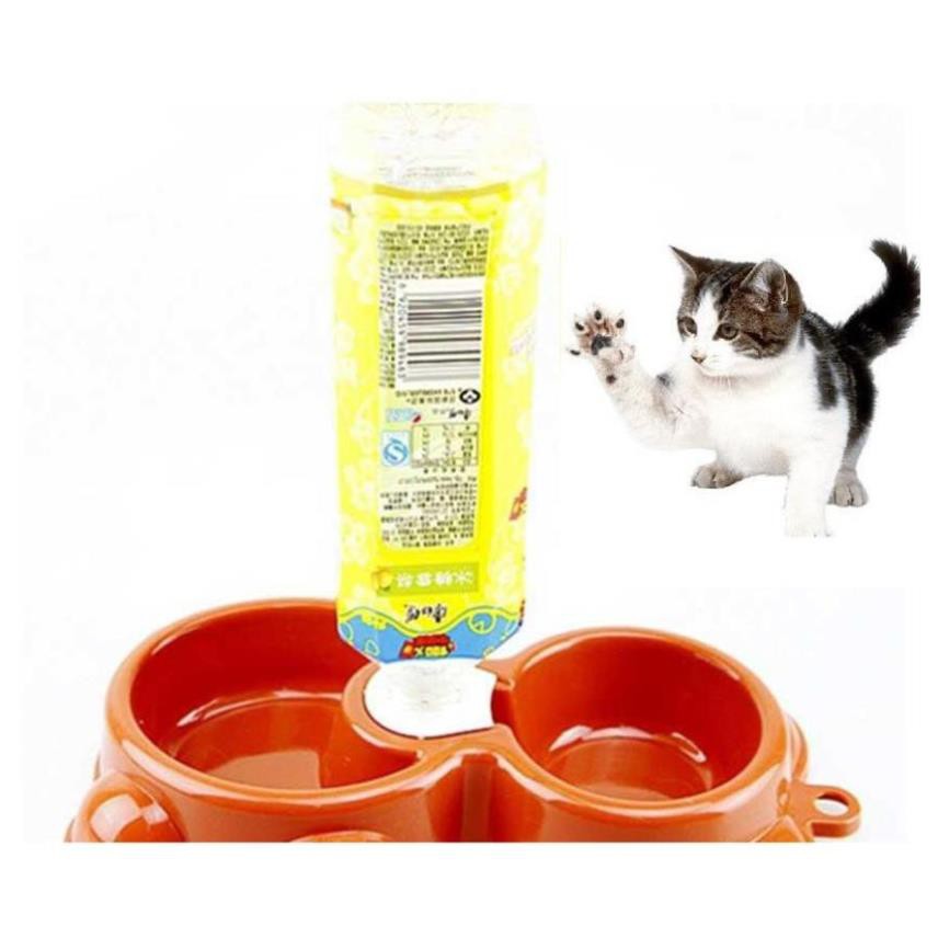 STHA- Bát chó mèo ăn uống Hình gấu 2 ngăn bằng nhựa cao cấp (không kèm bình) chó mèo dưới 5kg