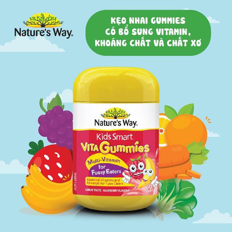 Kẹo Dẻo Nature's Way Kids Smart Vita Gummies Multi Vitamin Lọ 60 Viên - Kích Thích Ăn Ngon, Bổ Sung Vitamin Tổng Hợp