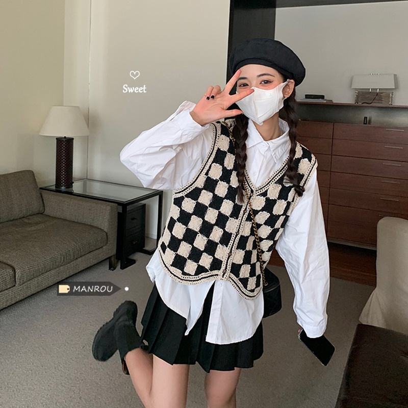 Áo dệt kim không tay họa tiết sọc caro phong cách retro Hàn quốc