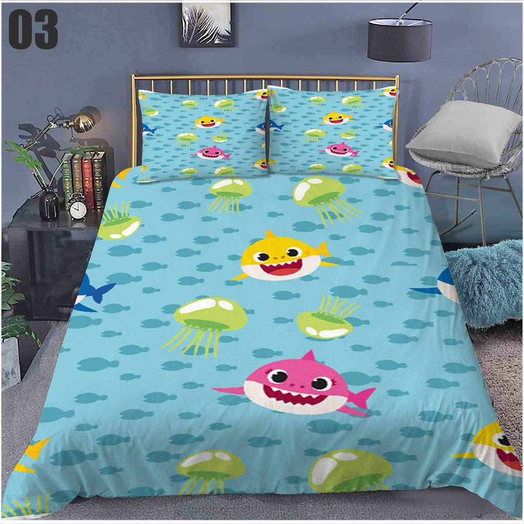 Yt1 phim hoạt hình baby shark 3in1 bộ đồ giường bộ trải giường chăn ga gối vỏ gối phòng ngủ bộ đồ mặc nhà có thể giặt thoải mái ty1