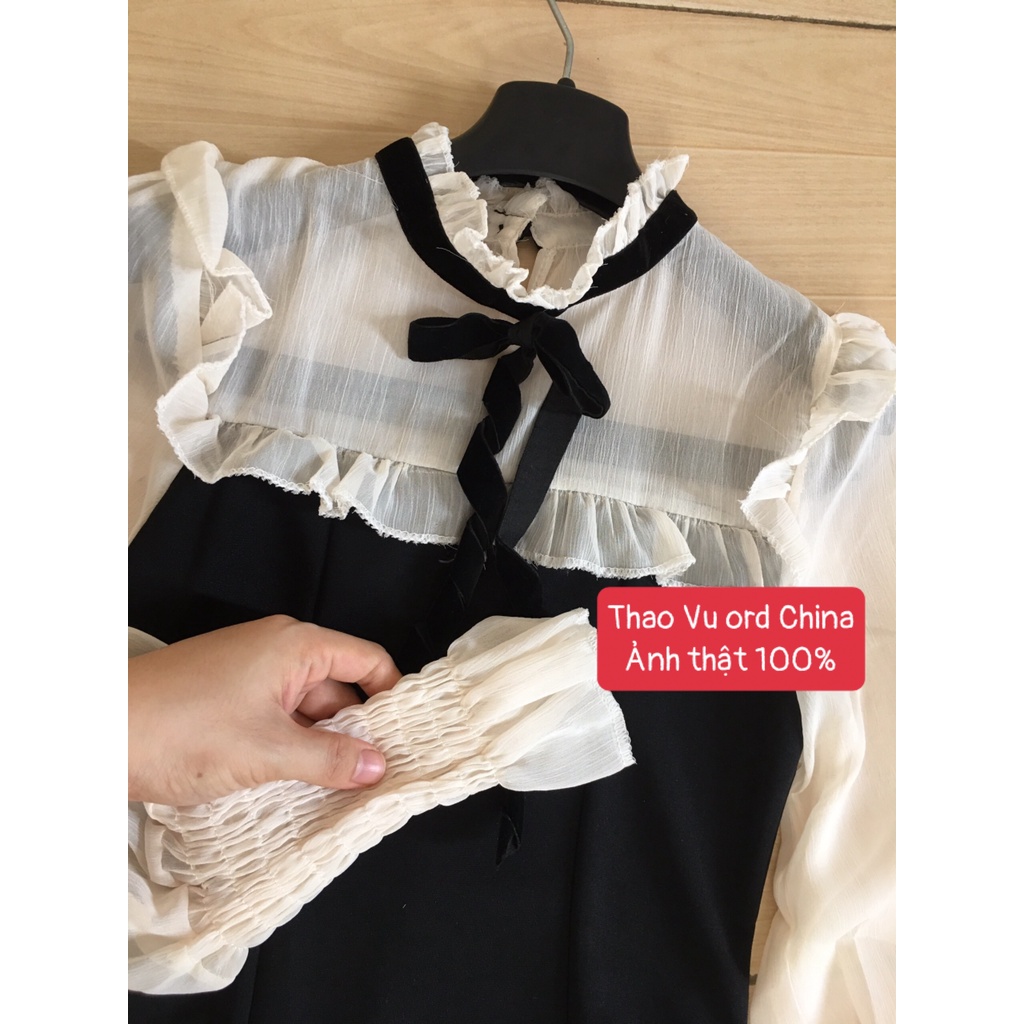Váy Tay Bồng Nơ Đen ⚡️ẢNH THẬT⚡️Váy Đầm Cotton, Dáng Xinh Tay Dài Cho Nữ | BigBuy360 - bigbuy360.vn
