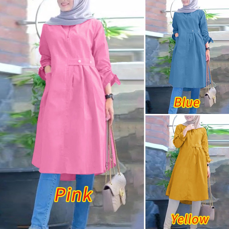 Zanzea Vintage Solid Color Áo dài tay trên cho phụ nữ Hồi giáo