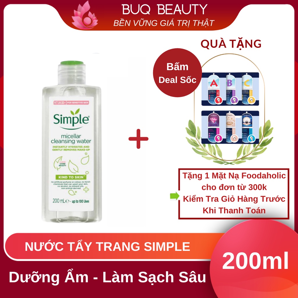 Nước tẩy trang Simple kind to skin micellar cleansing water 200Ml cho da dầu nhạy cảm chính hãng